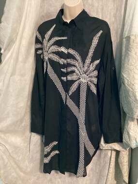 Badgley Mischka Shirt S/P Black/White Tropical Palm Tree Button Down Beach NWT